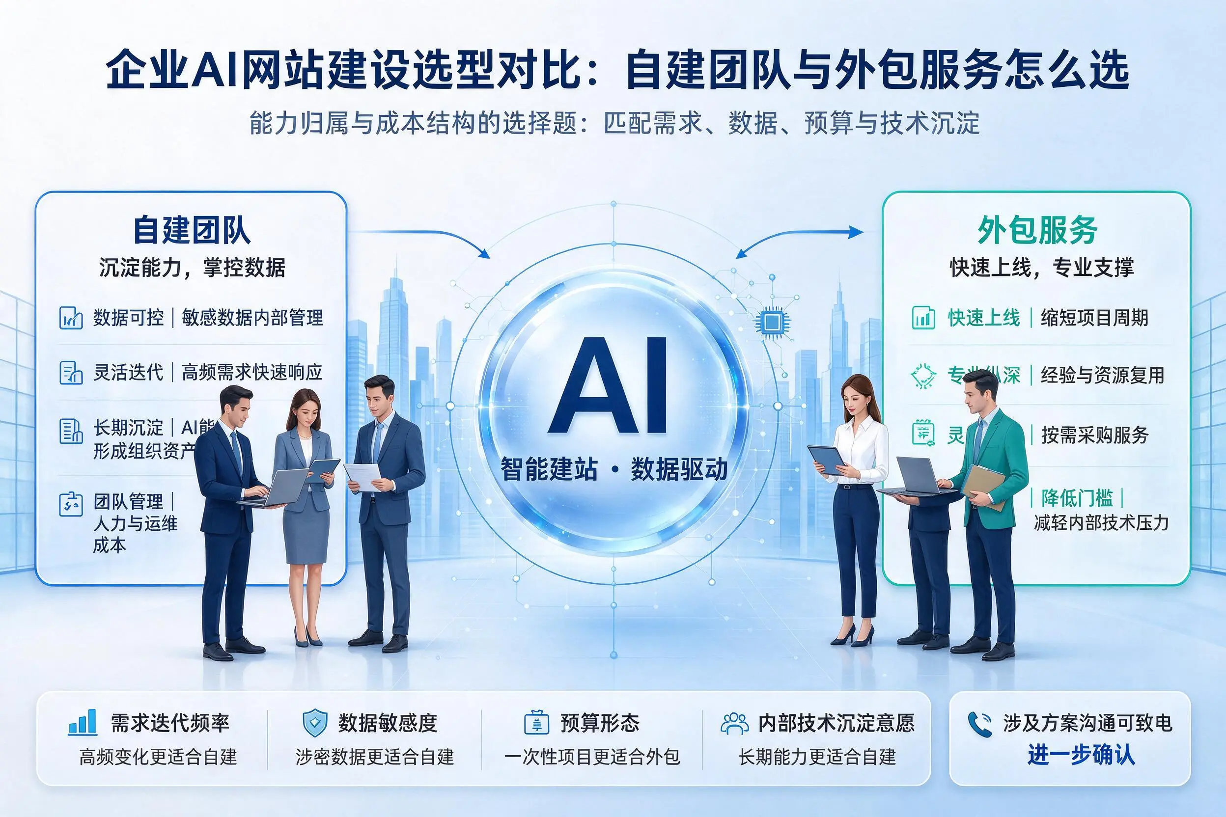 威海企业AI网站建设选型对比:自建团队与外包服务怎么选